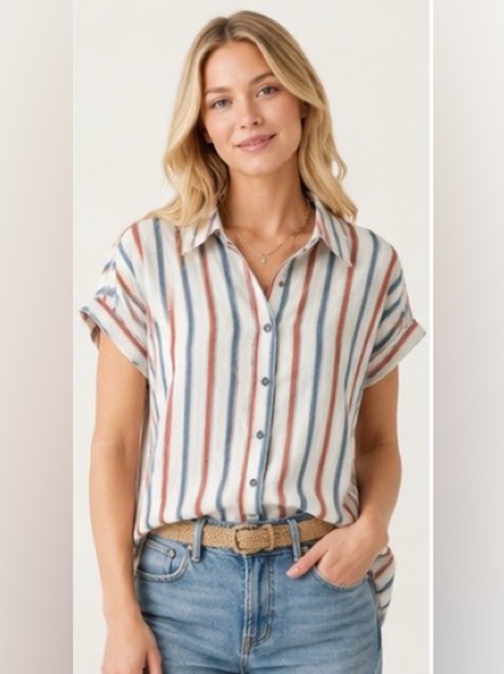Hem & Thread Striped Button Front Short Sleeve Shirt – NWT Large Cotton Blouse